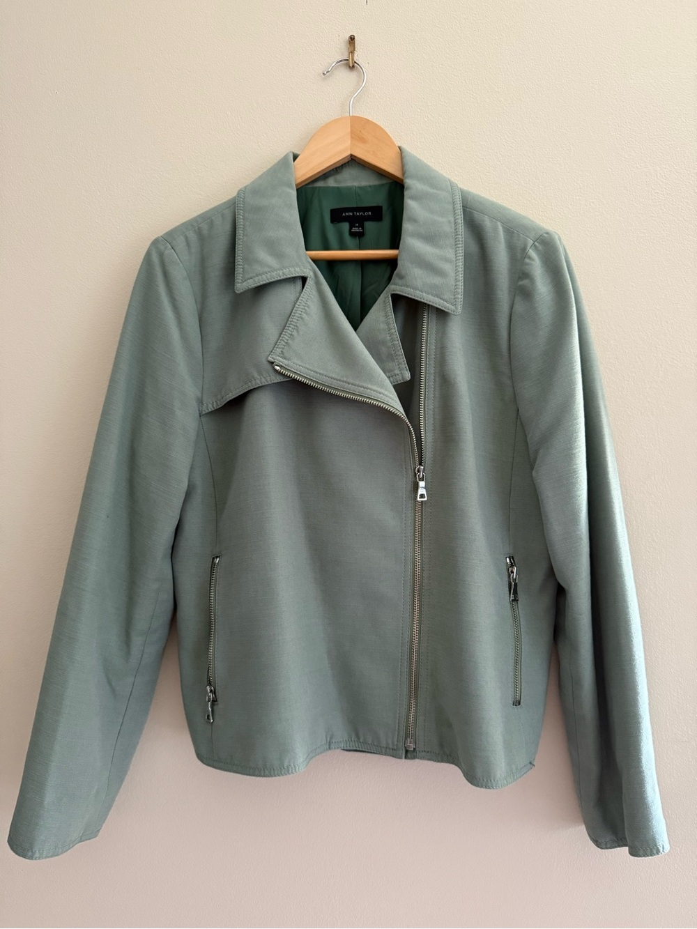 Ann Taylor | Soft Sage Asymmetrical Moto Jacket | Size 14